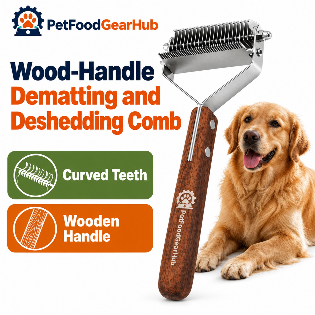 PetFoodGearHub Wood-Handle Dematting and Deshedding Comb