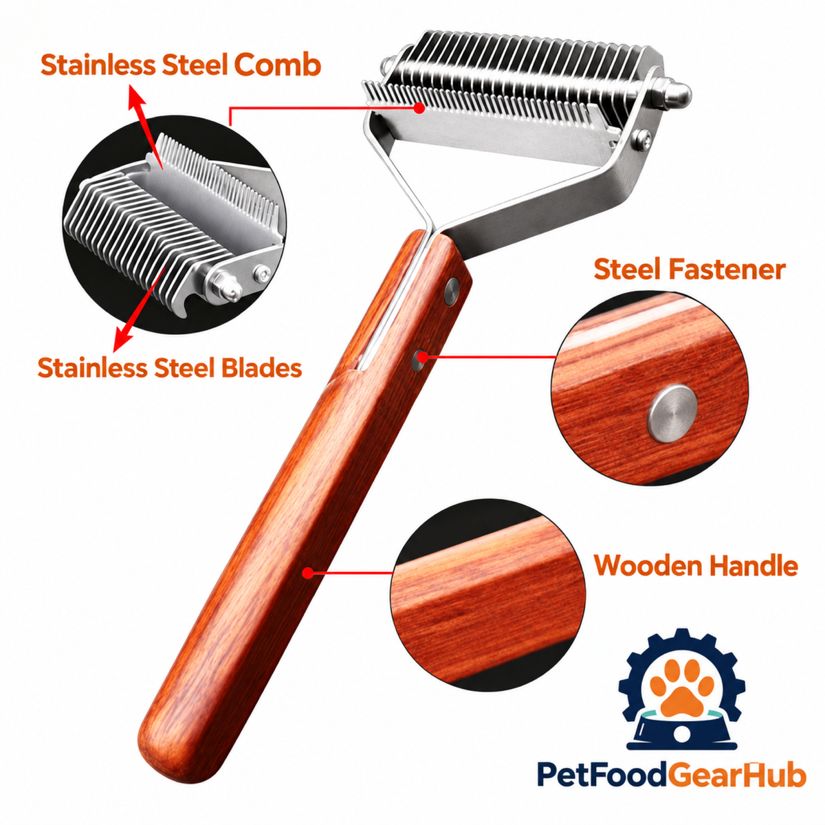 PetFoodGearHub Stainless Steel Comb; Stainless Steel Blades; Steel Fastener; Wooden Handle