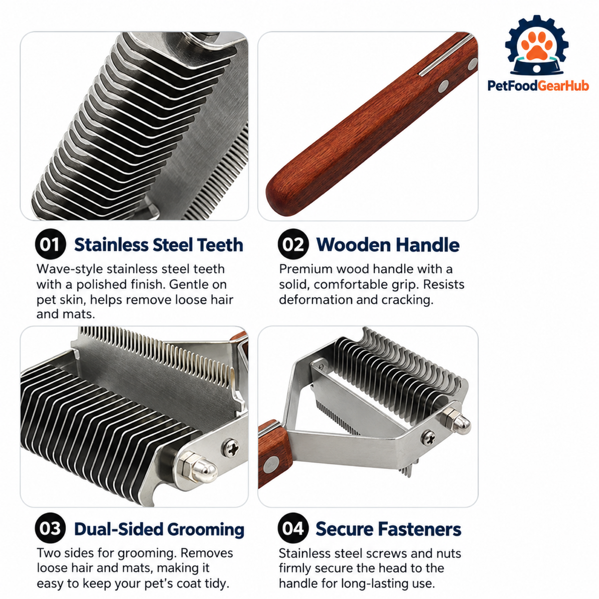 PetFoodGearHub Stainless Steel Teeth; Wooden Handle; Dual-Sided Grooming; Secure Fasteners