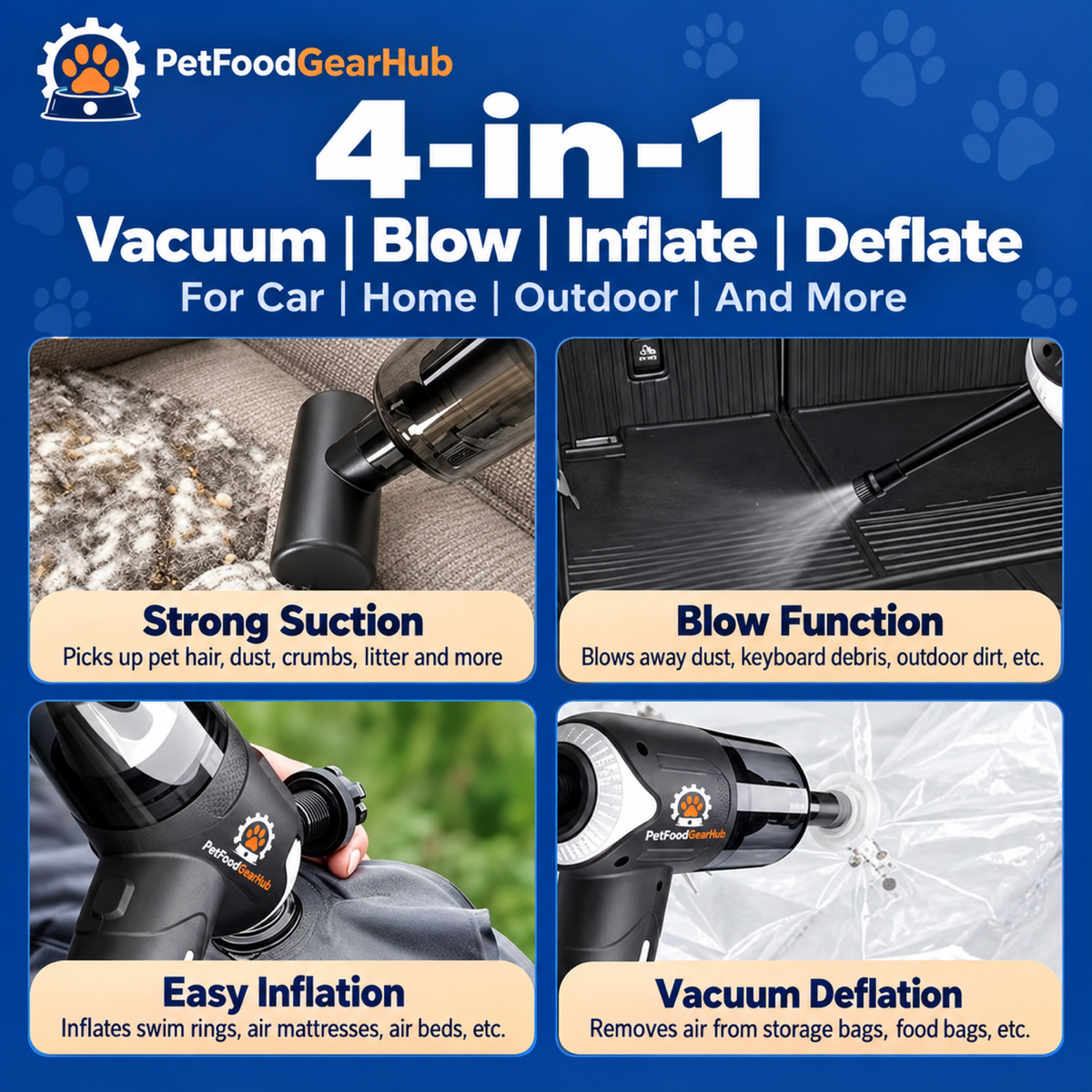 PetFoodGearHub 4-in-1: Vacuum; Blow; Inflate; Deflate