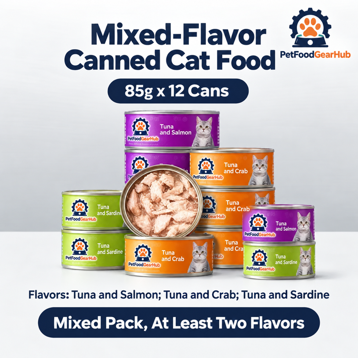 PetFoodGearHub mixed-flavor canned cat food, 85 g cans
