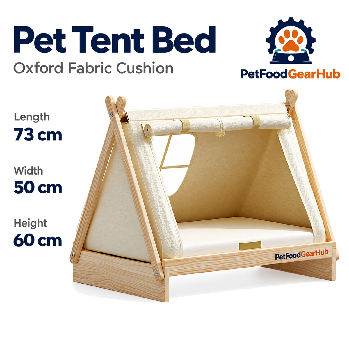 PetFoodGearHub pet tent bed with wood frame, cushion and construction details