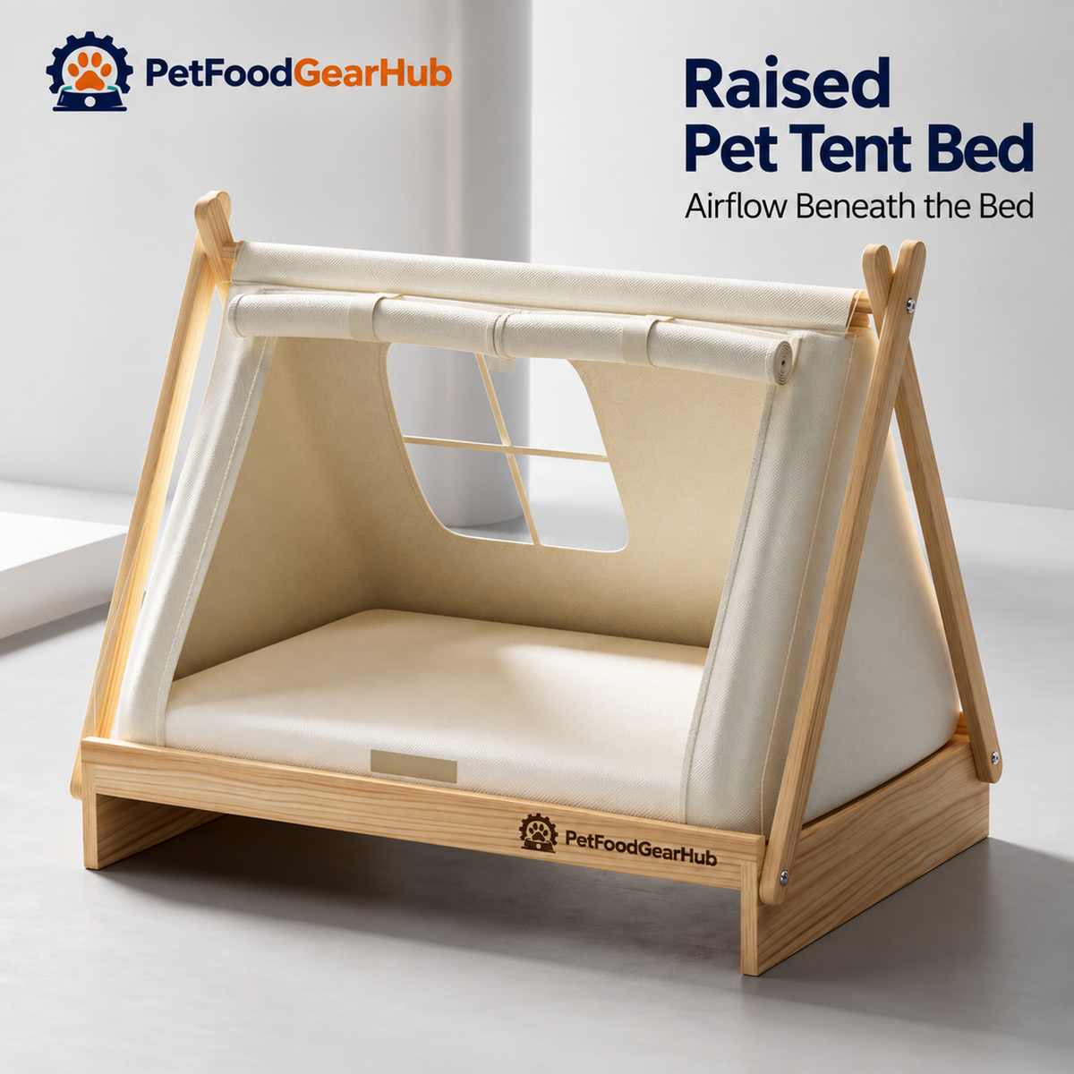PetFoodGearHub pet tent bed with wood frame, cushion and construction details
