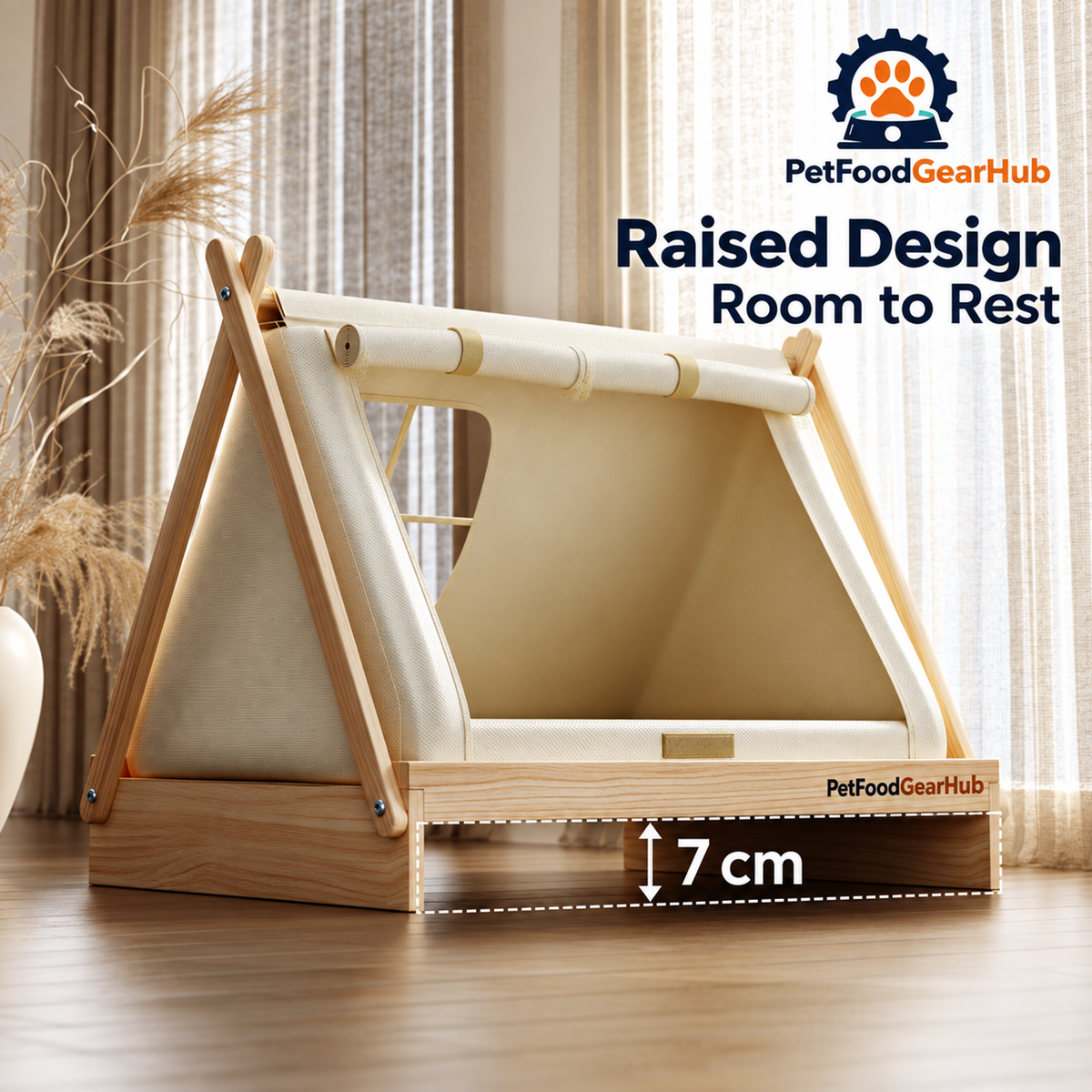 PetFoodGearHub pet tent bed with wood frame, cushion and construction details