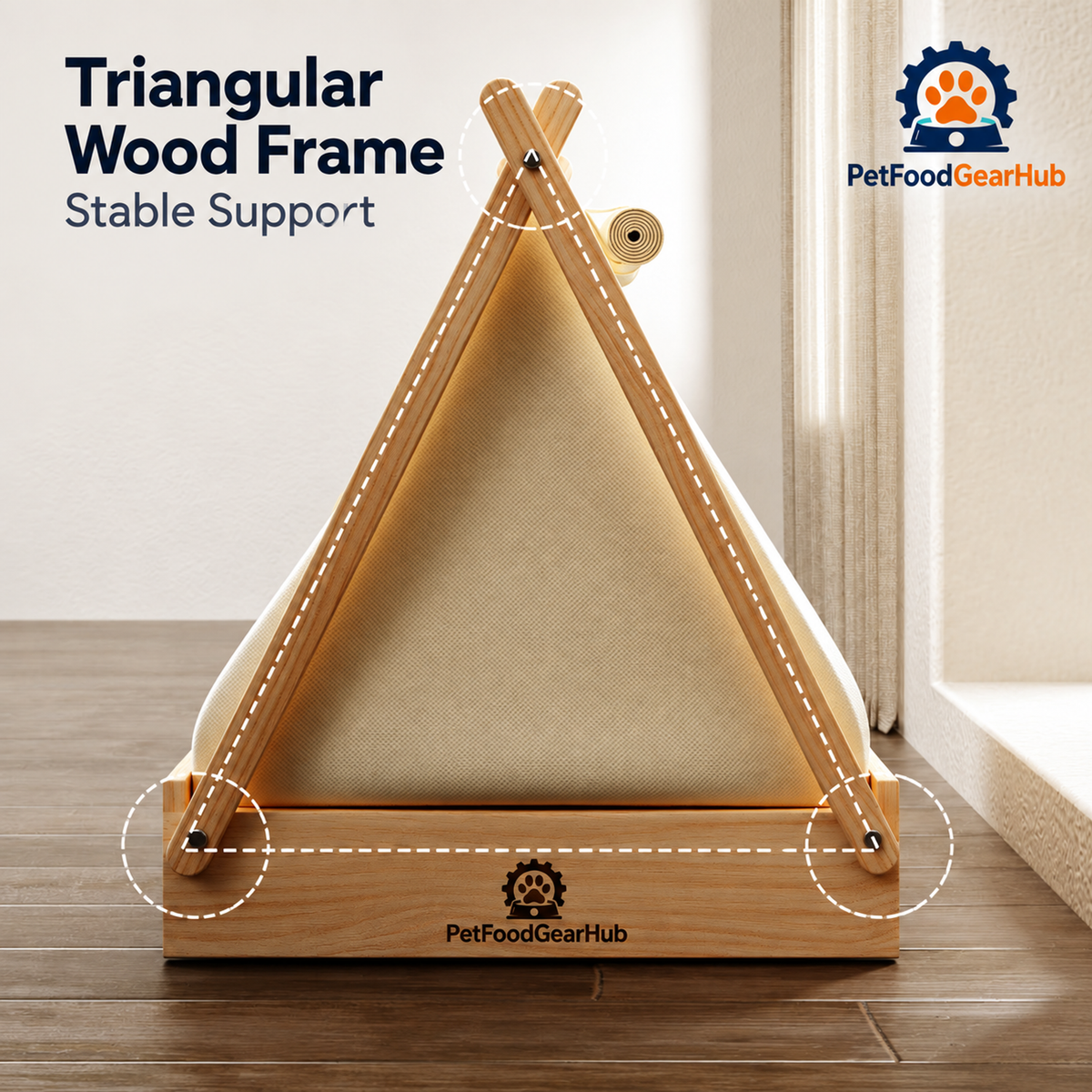 PetFoodGearHub pet tent bed with wood frame, cushion and construction details