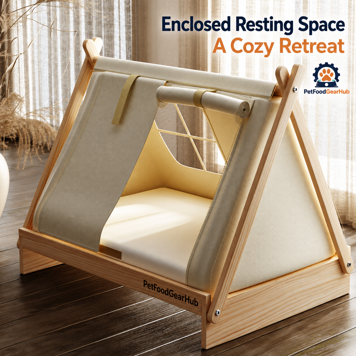 PetFoodGearHub pet tent bed with wood frame, cushion and construction details