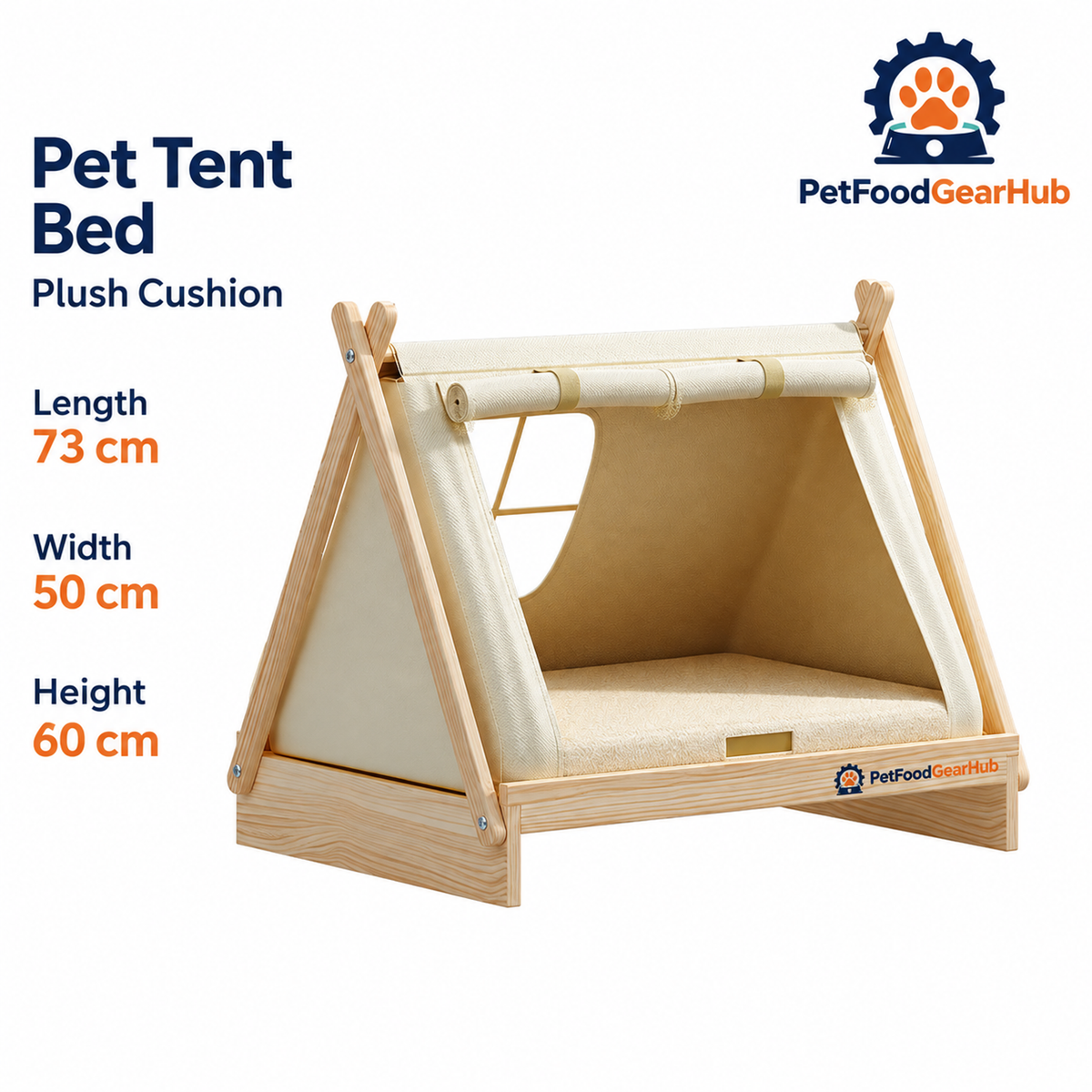 PetFoodGearHub pet tent bed with wood frame, cushion and construction details