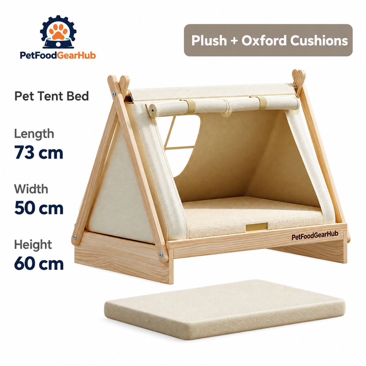 PetFoodGearHub pet tent bed with wood frame, cushion and construction details