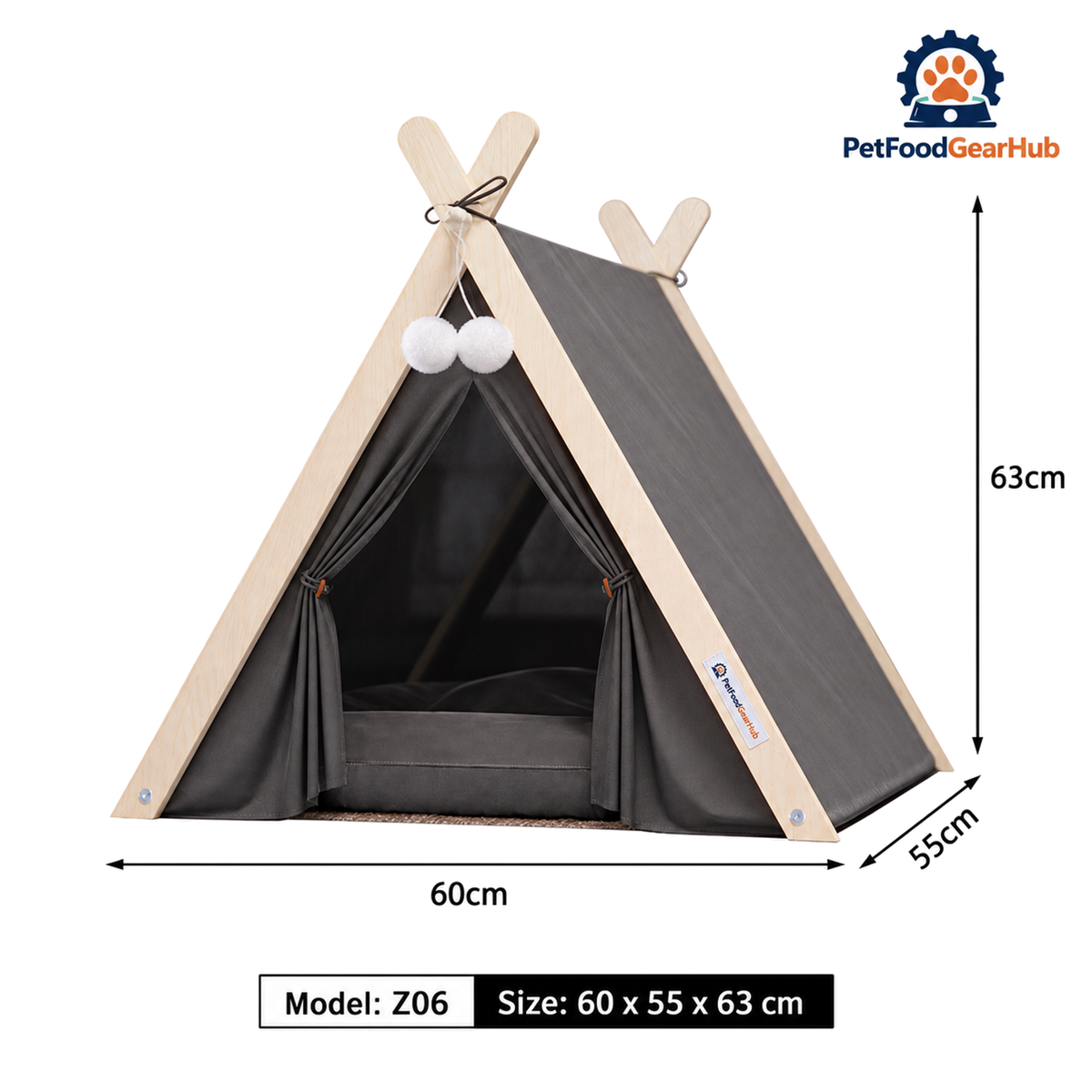 PetFoodGearHub pet tent bed with wood frame, cushion and construction details