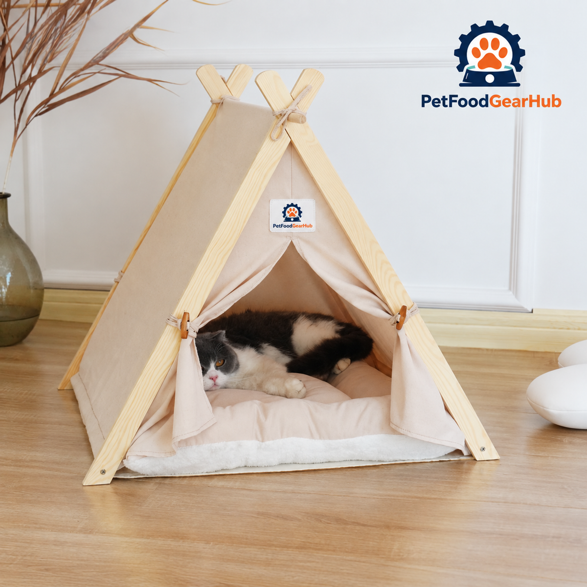 PetFoodGearHub pet tent bed with wood frame, cushion and construction details