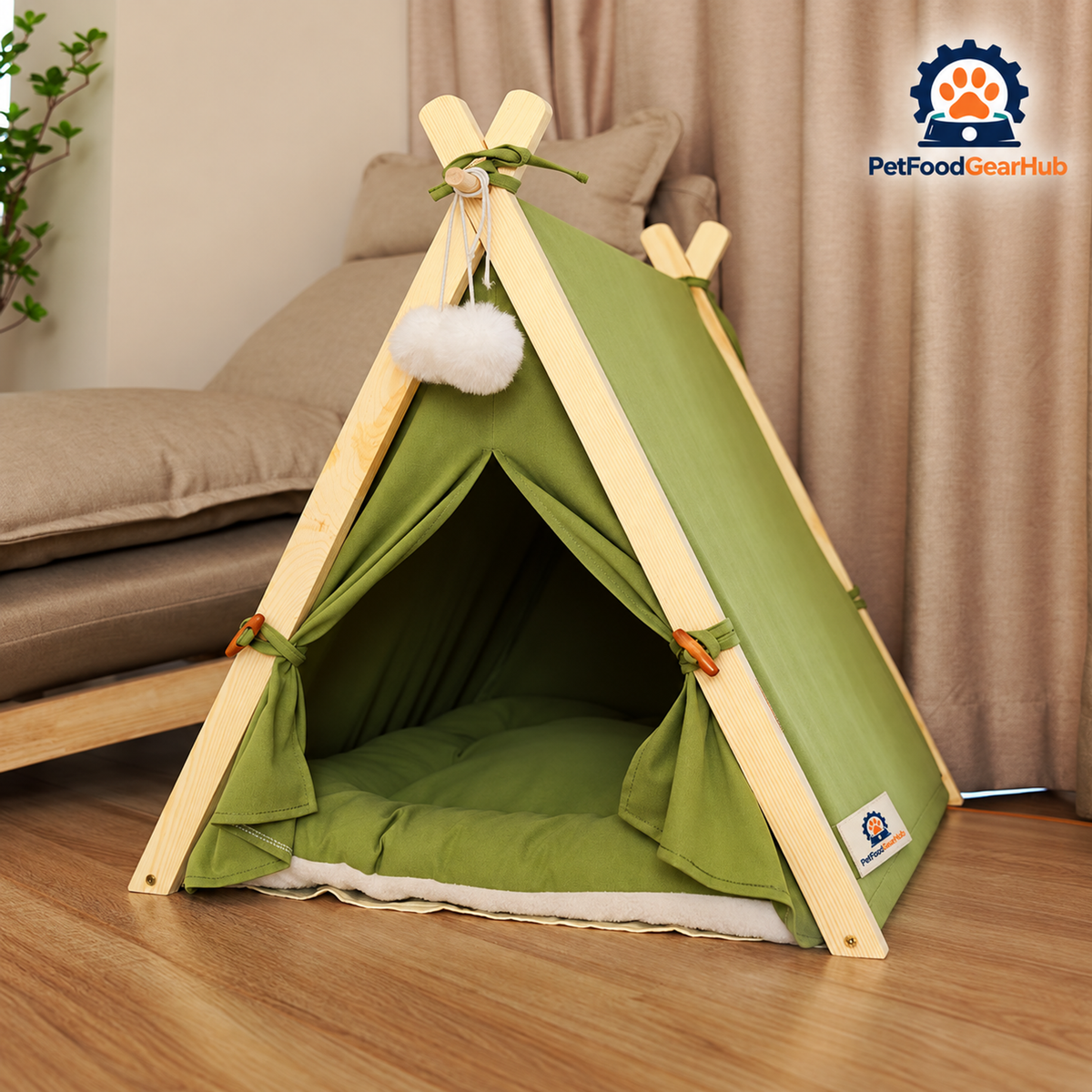 PetFoodGearHub pet tent bed with wood frame, cushion and construction details