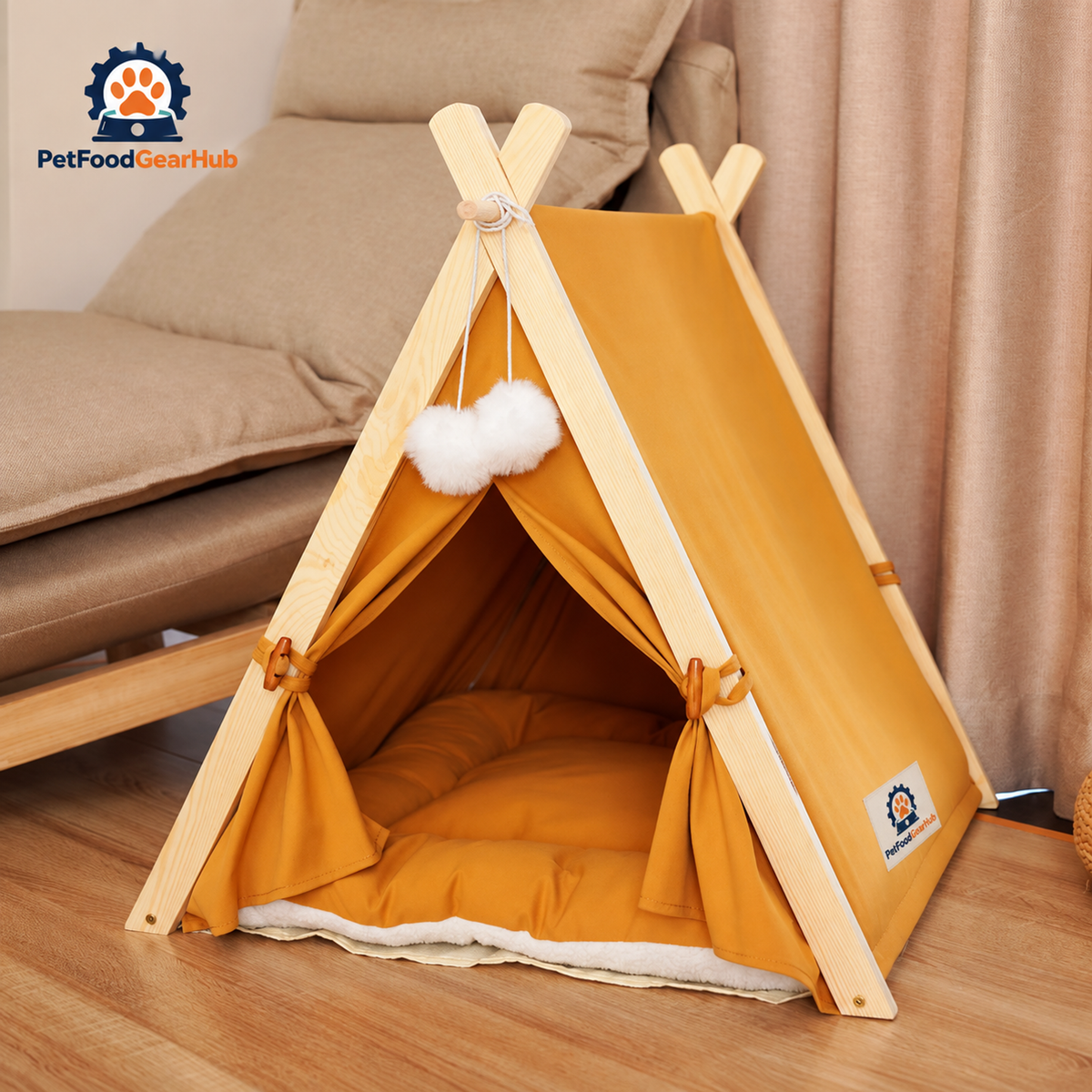 PetFoodGearHub pet tent bed with wood frame, cushion and construction details