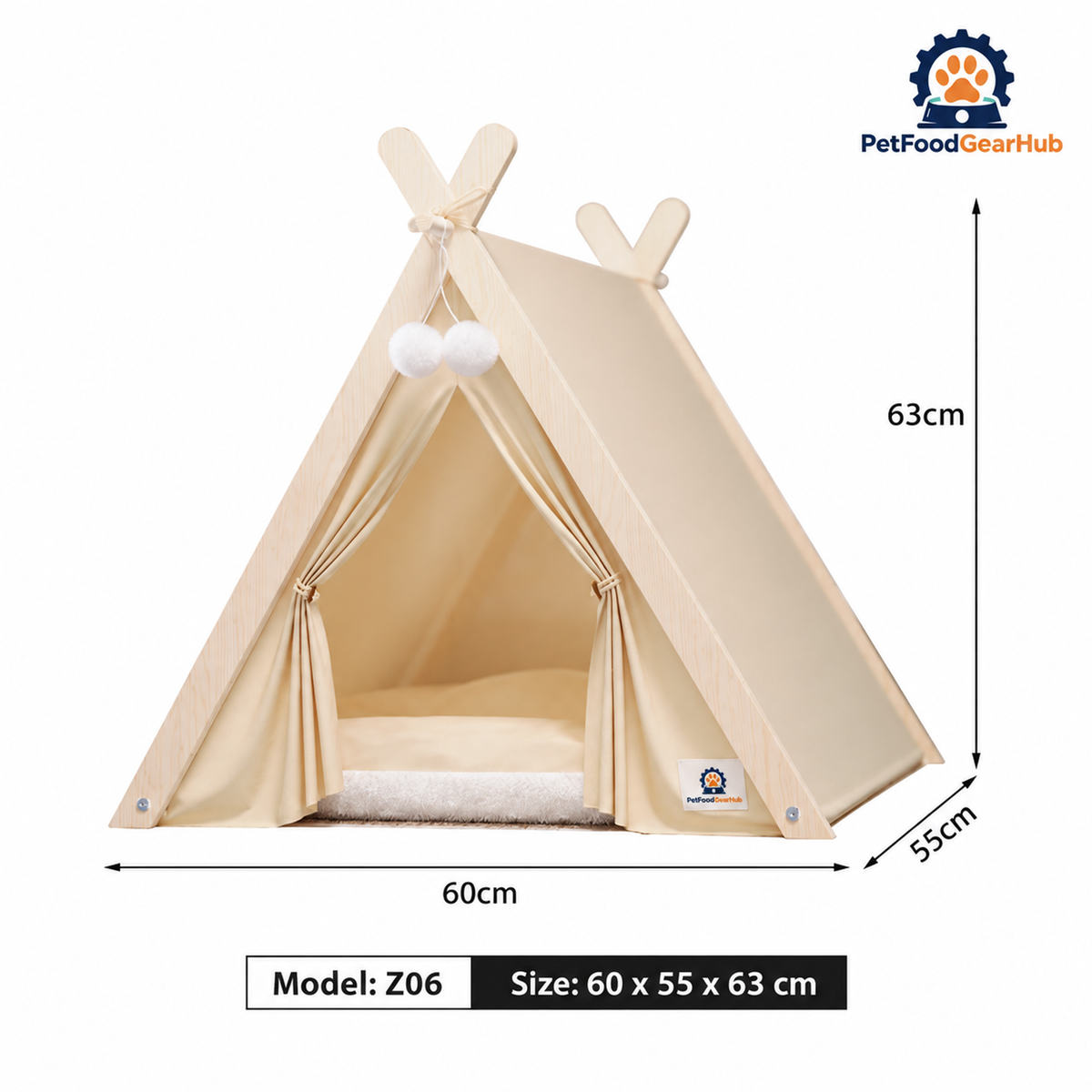 PetFoodGearHub pet tent bed with wood frame, cushion and construction details