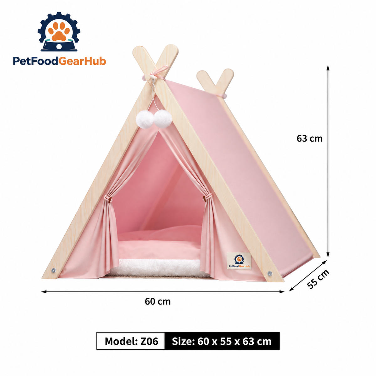 PetFoodGearHub pet tent bed with wood frame, cushion and construction details