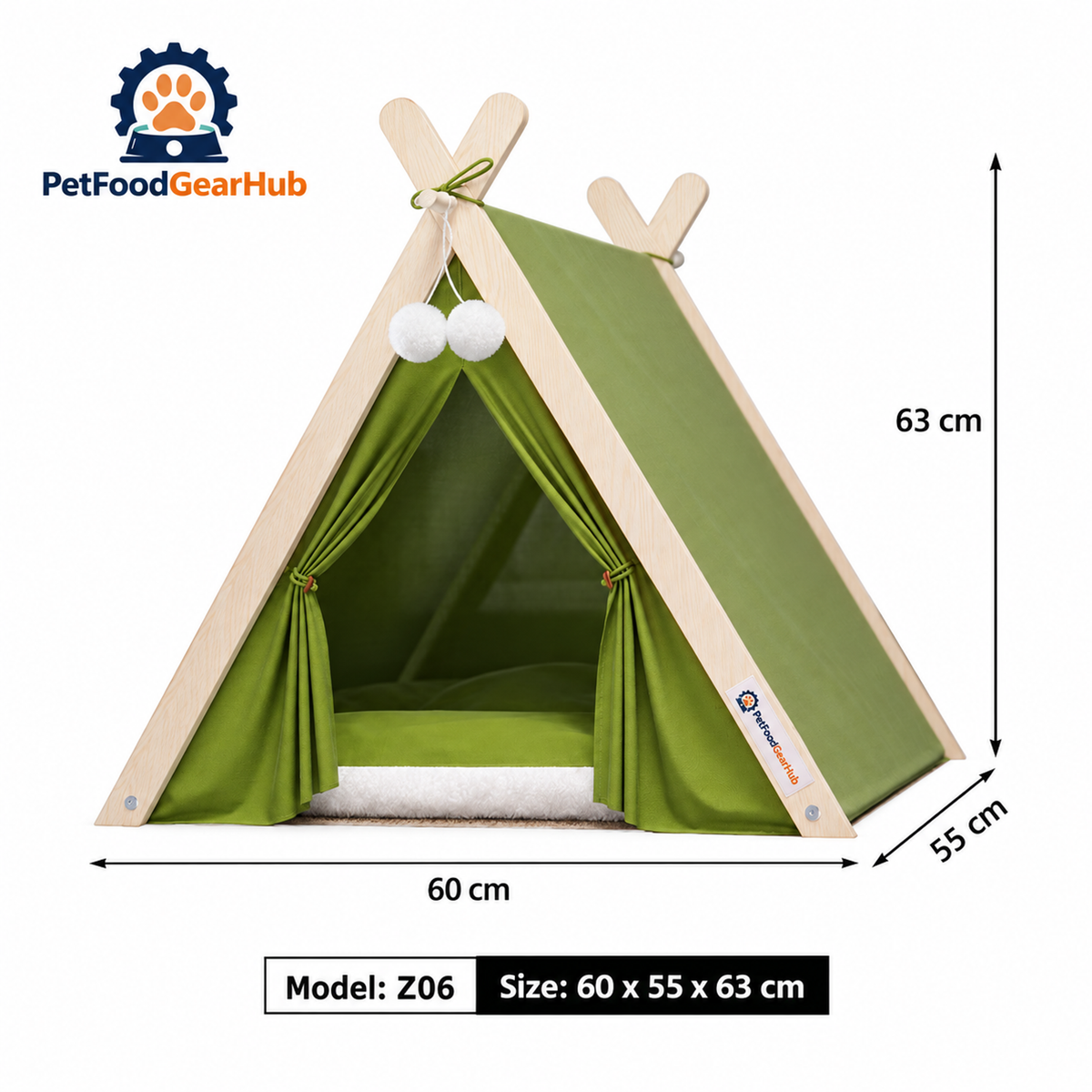 PetFoodGearHub pet tent bed with wood frame, cushion and construction details