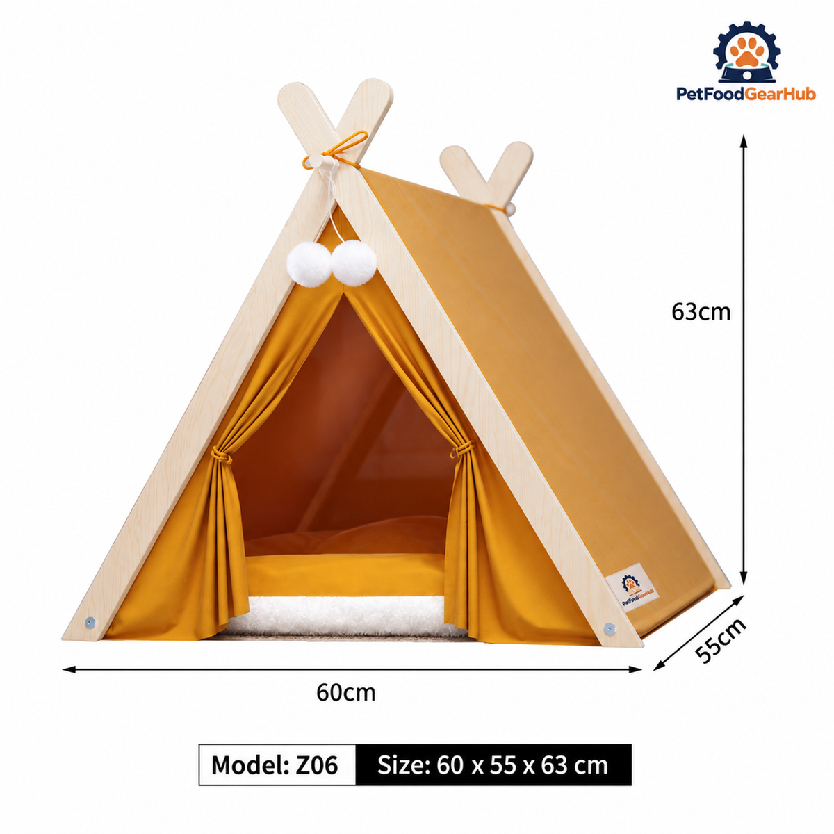 PetFoodGearHub pet tent bed with wood frame, cushion and construction details