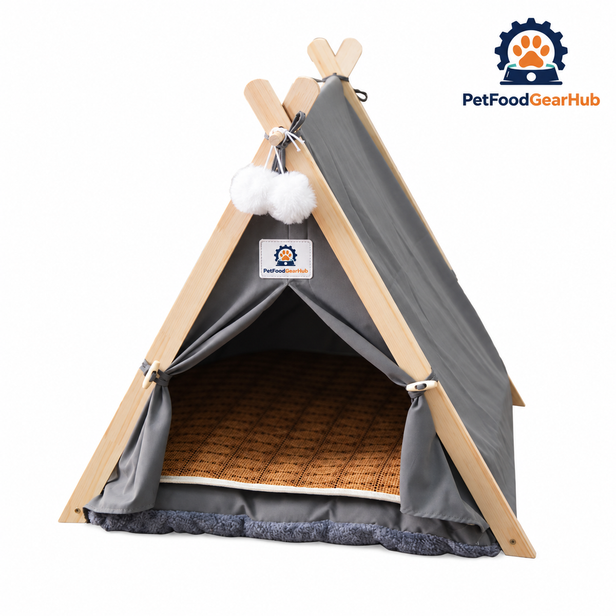 PetFoodGearHub pet tent bed with wood frame, cushion and construction details