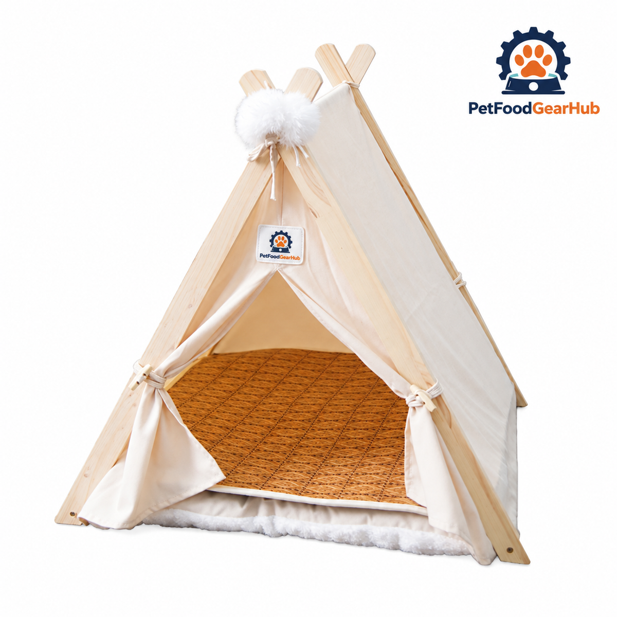 PetFoodGearHub pet tent bed with wood frame, cushion and construction details
