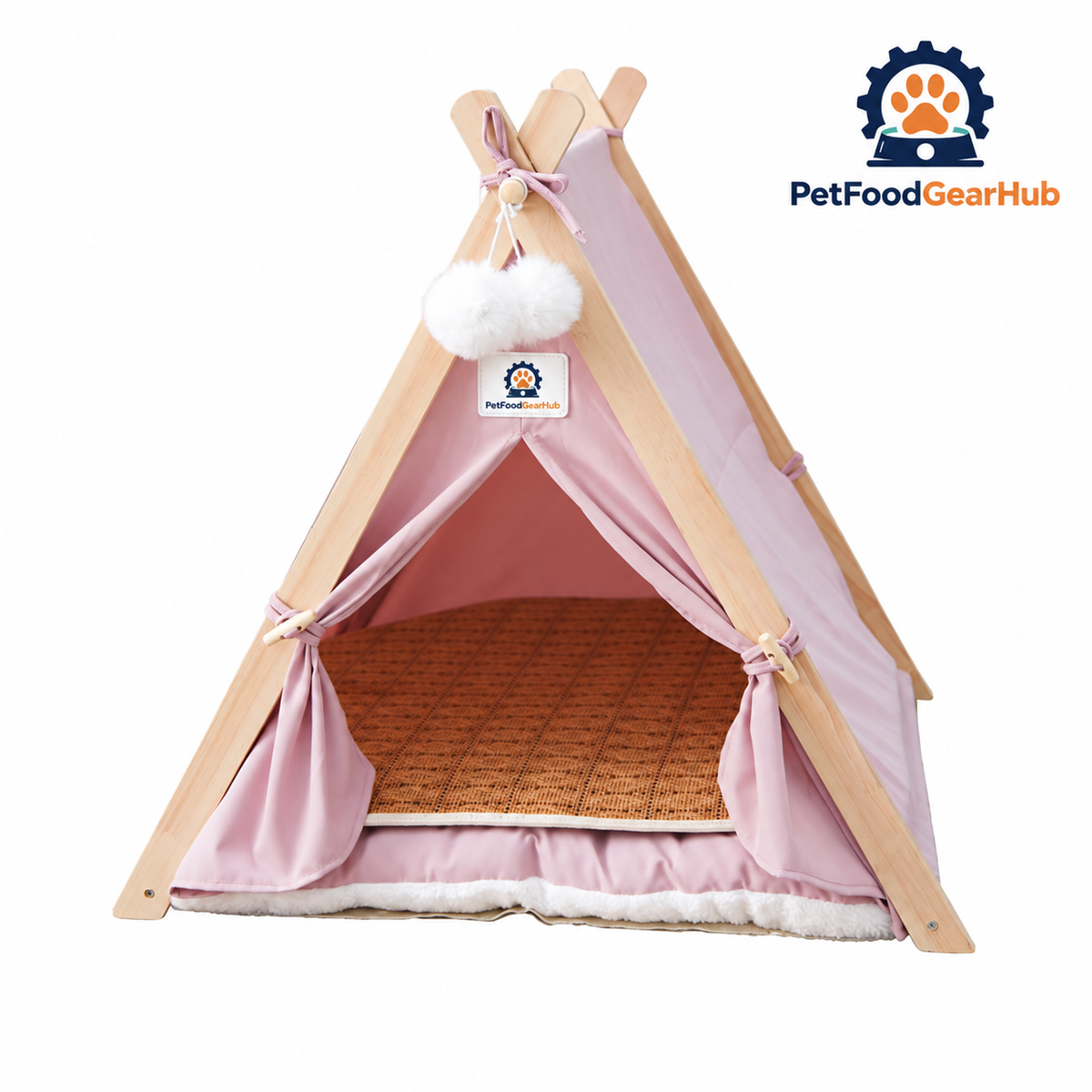 PetFoodGearHub pet tent bed with wood frame, cushion and construction details