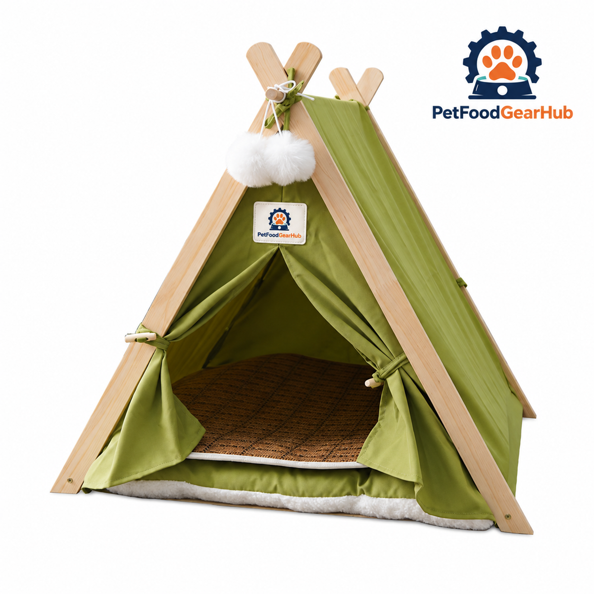 PetFoodGearHub pet tent bed with wood frame, cushion and construction details