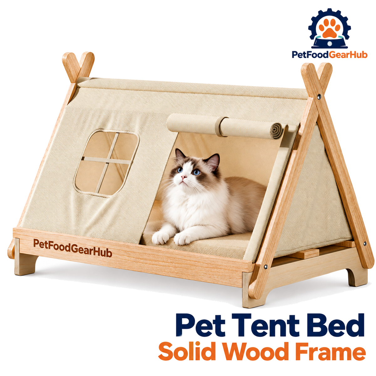 PetFoodGearHub pet tent bed with wood frame, cushion and construction details