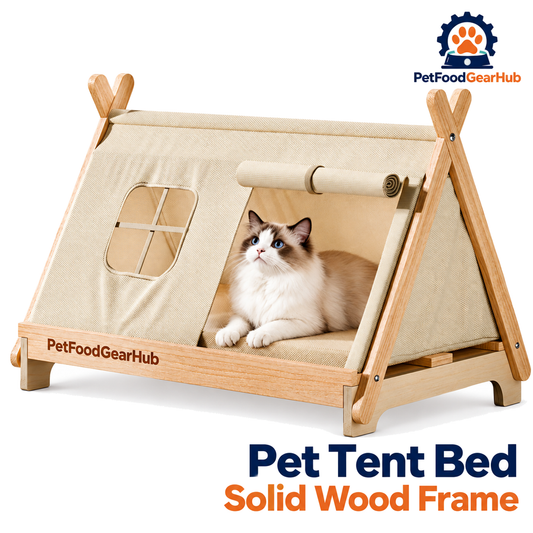 PetFoodGearHub pet tent bed with wood frame, cushion and construction details