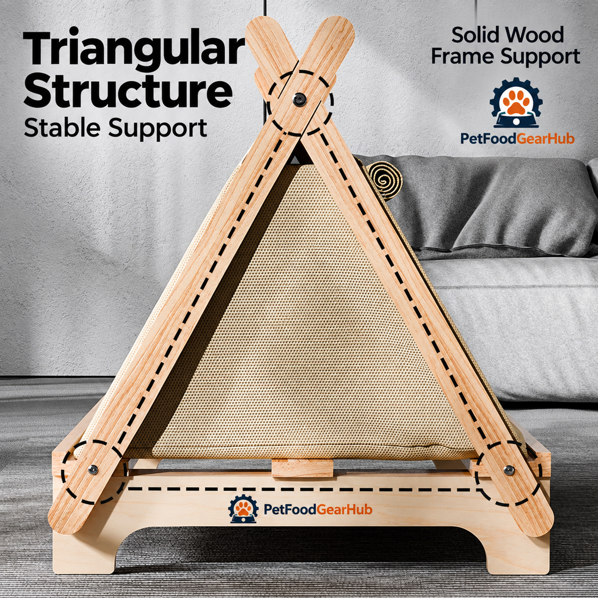 PetFoodGearHub pet tent bed with wood frame, cushion and construction details