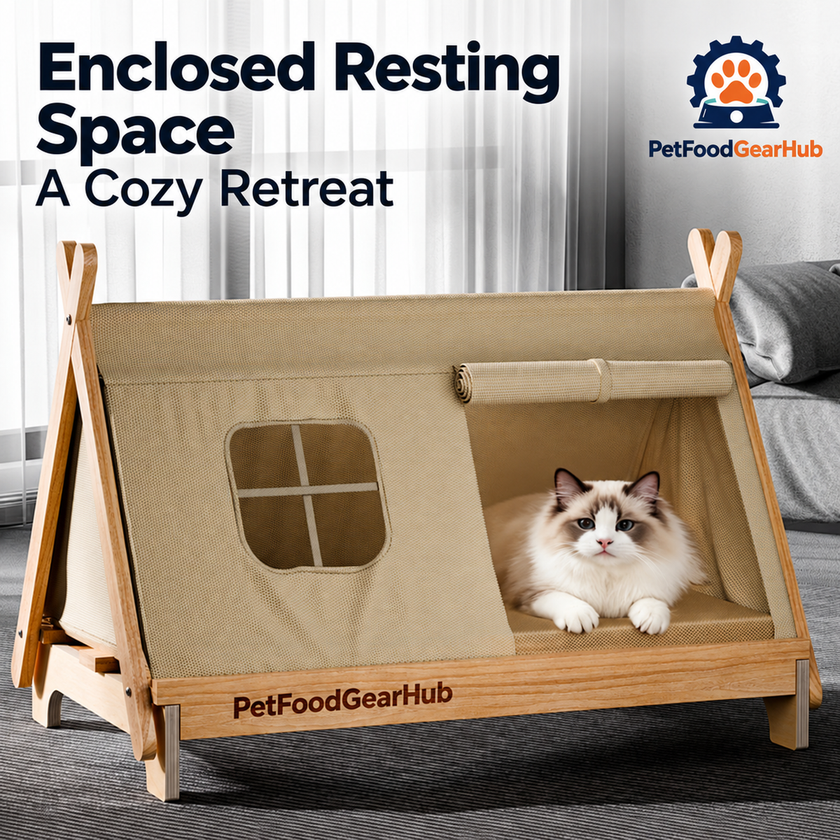 PetFoodGearHub pet tent bed with wood frame, cushion and construction details