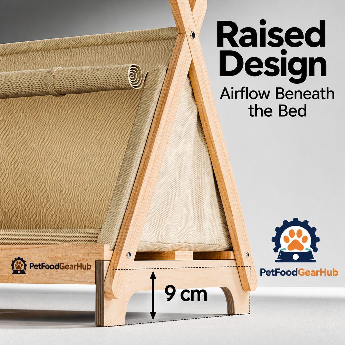 PetFoodGearHub pet tent bed with wood frame, cushion and construction details