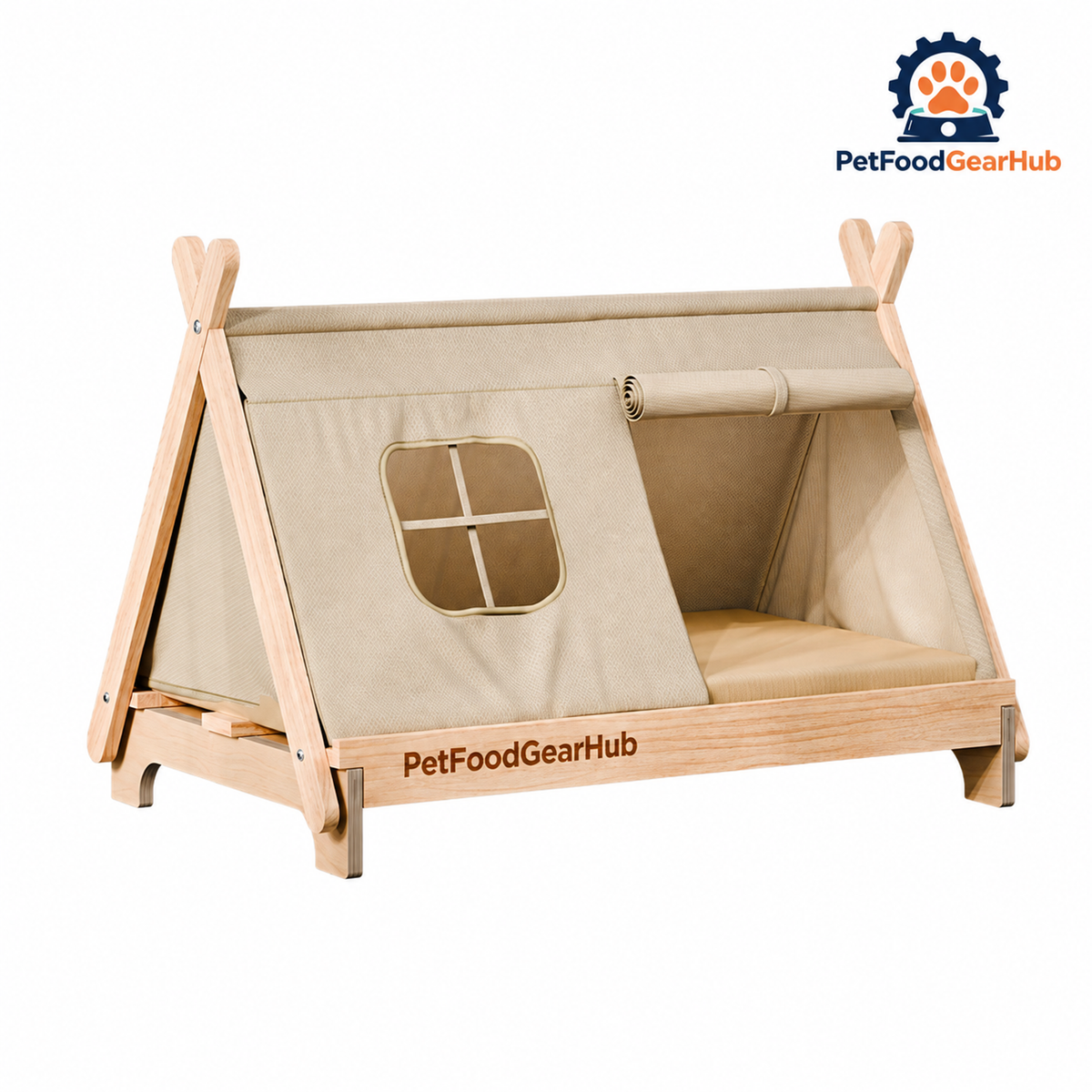 PetFoodGearHub pet tent bed with wood frame, cushion and construction details