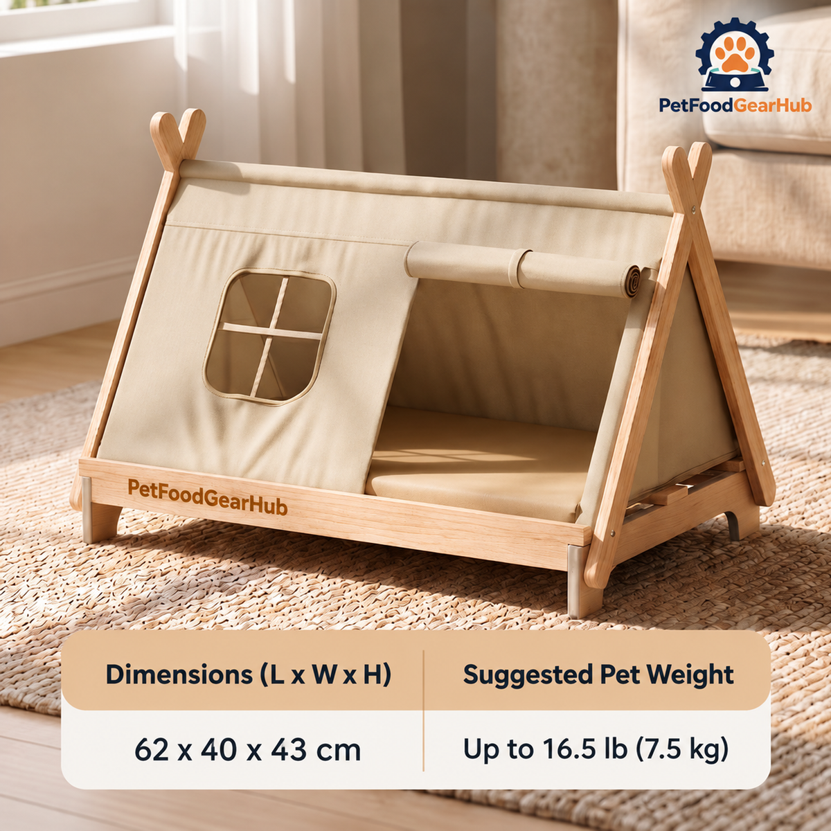 PetFoodGearHub pet tent bed with wood frame, cushion and construction details