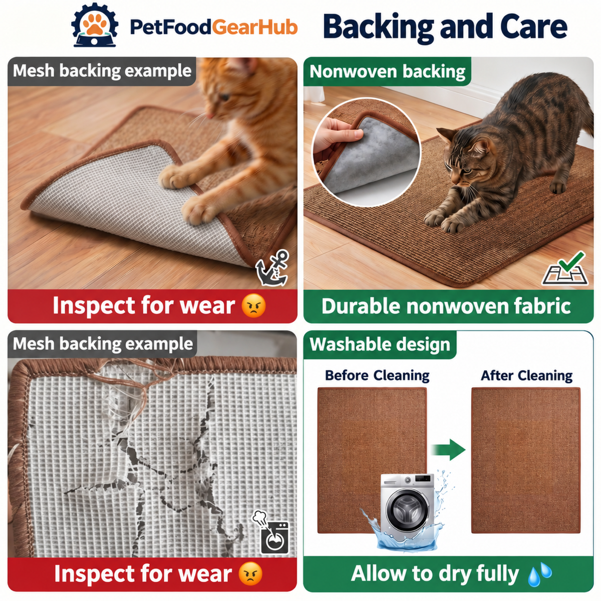 PetFoodGearHub scratching mat backing and cleaning illustrations