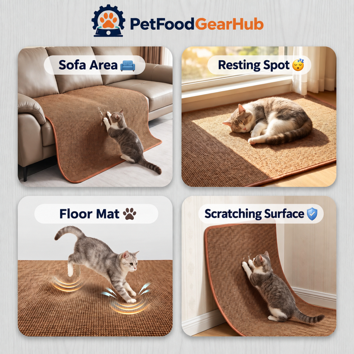 PetFoodGearHub scratching mat shown in sofa, resting, floor, and scratching areas