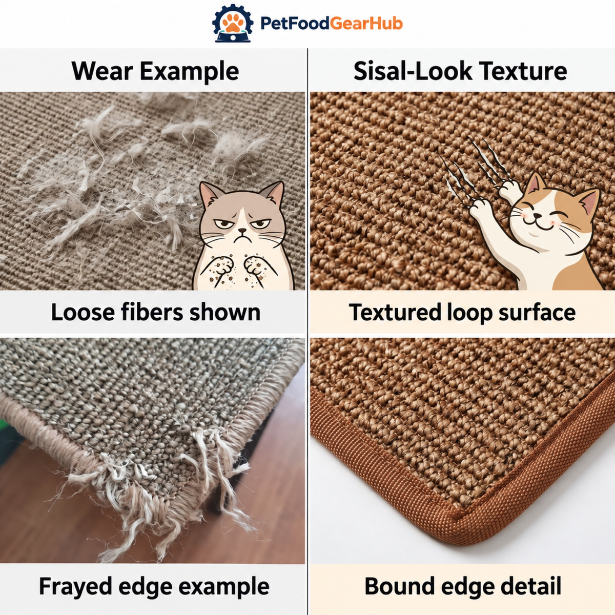 PetFoodGearHub scratching mat texture and bound-edge detail with wear examples