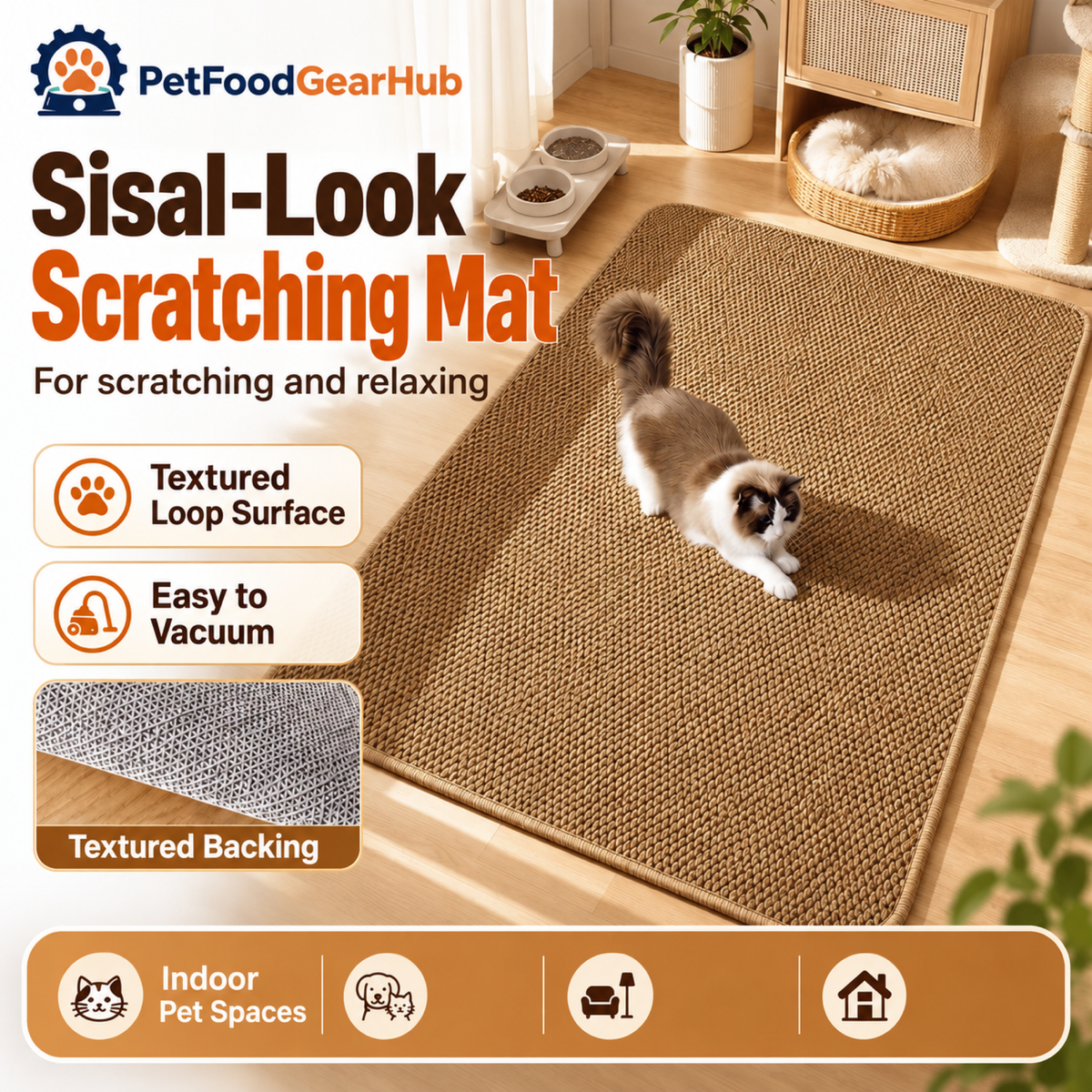 PetFoodGearHub sisal-look scratching mat surface and care features