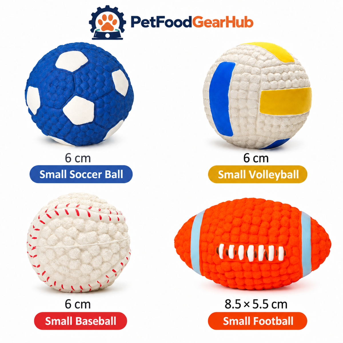 PetFoodGearHub small ball size guide: football 8.5 by 5.5 cm, round balls 6 cm