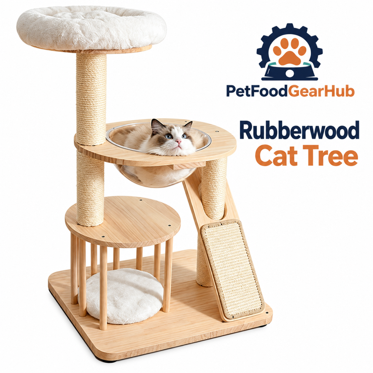 PetFoodGearHub Solid Wood Cat Tree with Clear Bowl and Hammock - product view