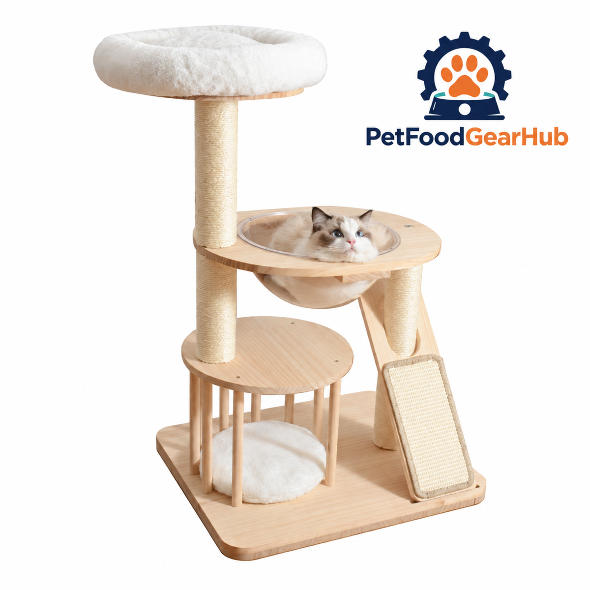 PetFoodGearHub Solid Wood Cat Tree with Clear Bowl and Hammock - product details