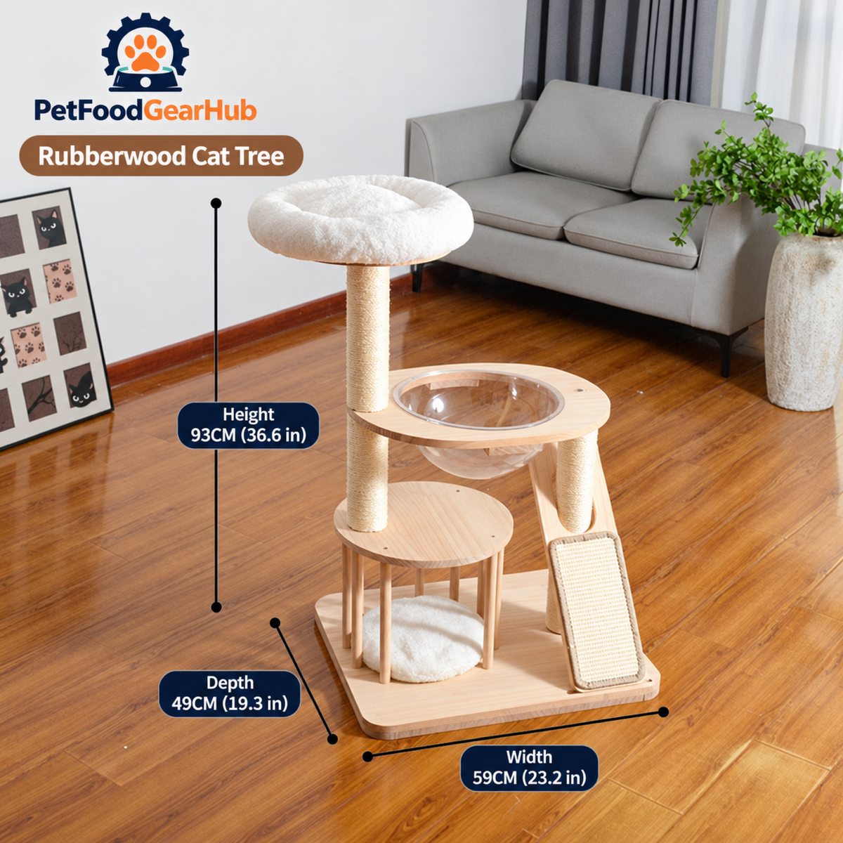 PetFoodGearHub Solid Wood Cat Tree with Clear Bowl and Hammock - product details