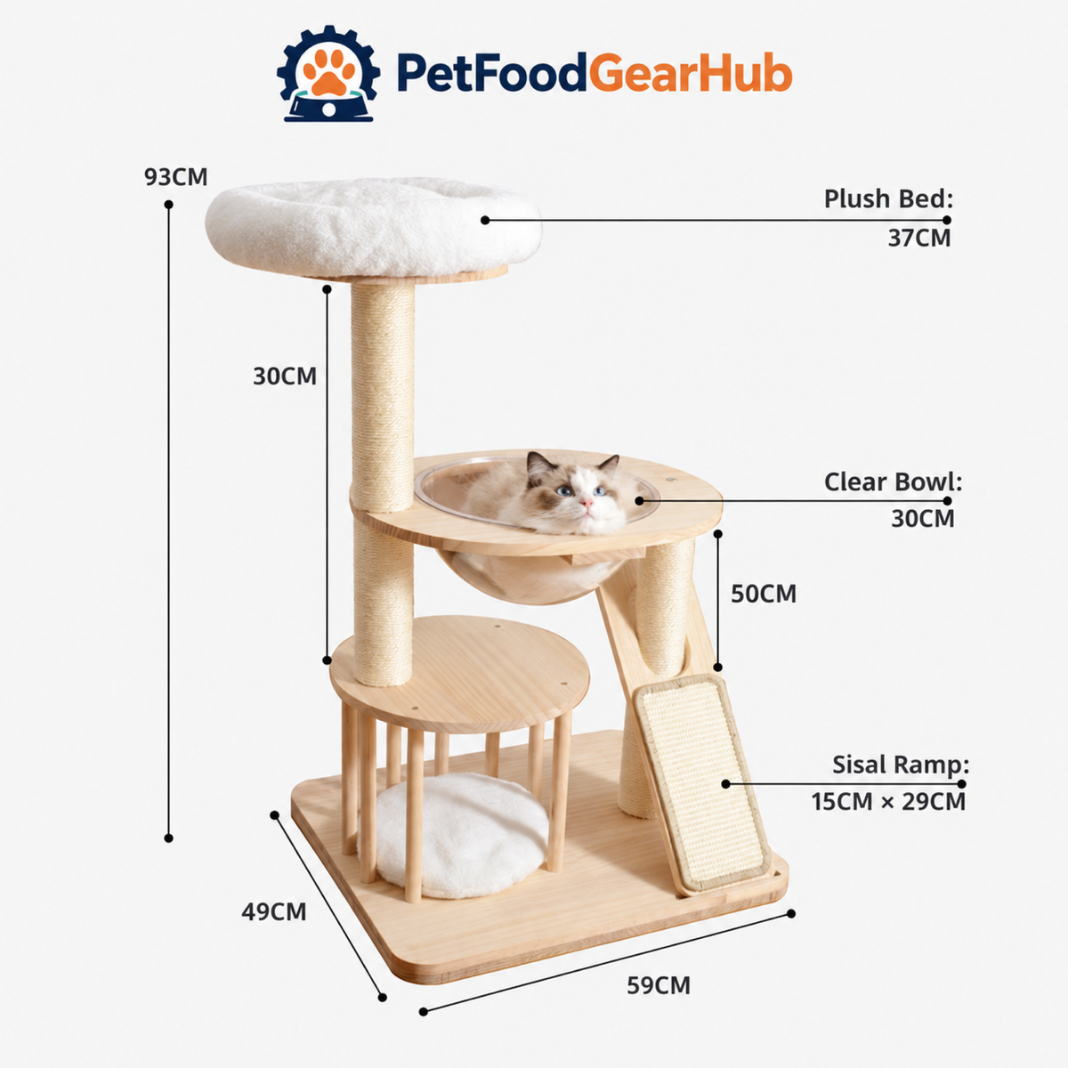 PetFoodGearHub Solid Wood Cat Tree with Clear Bowl and Hammock - product details