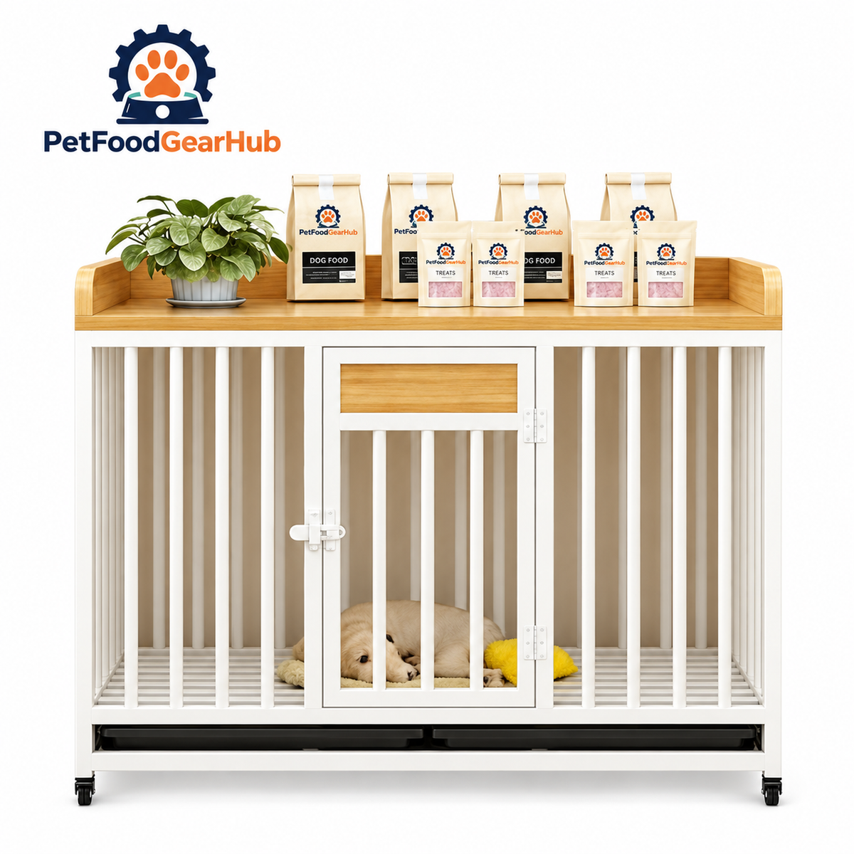 PetFoodGearHub Dog Crate with Storage Shelf,  White - design and dimension details