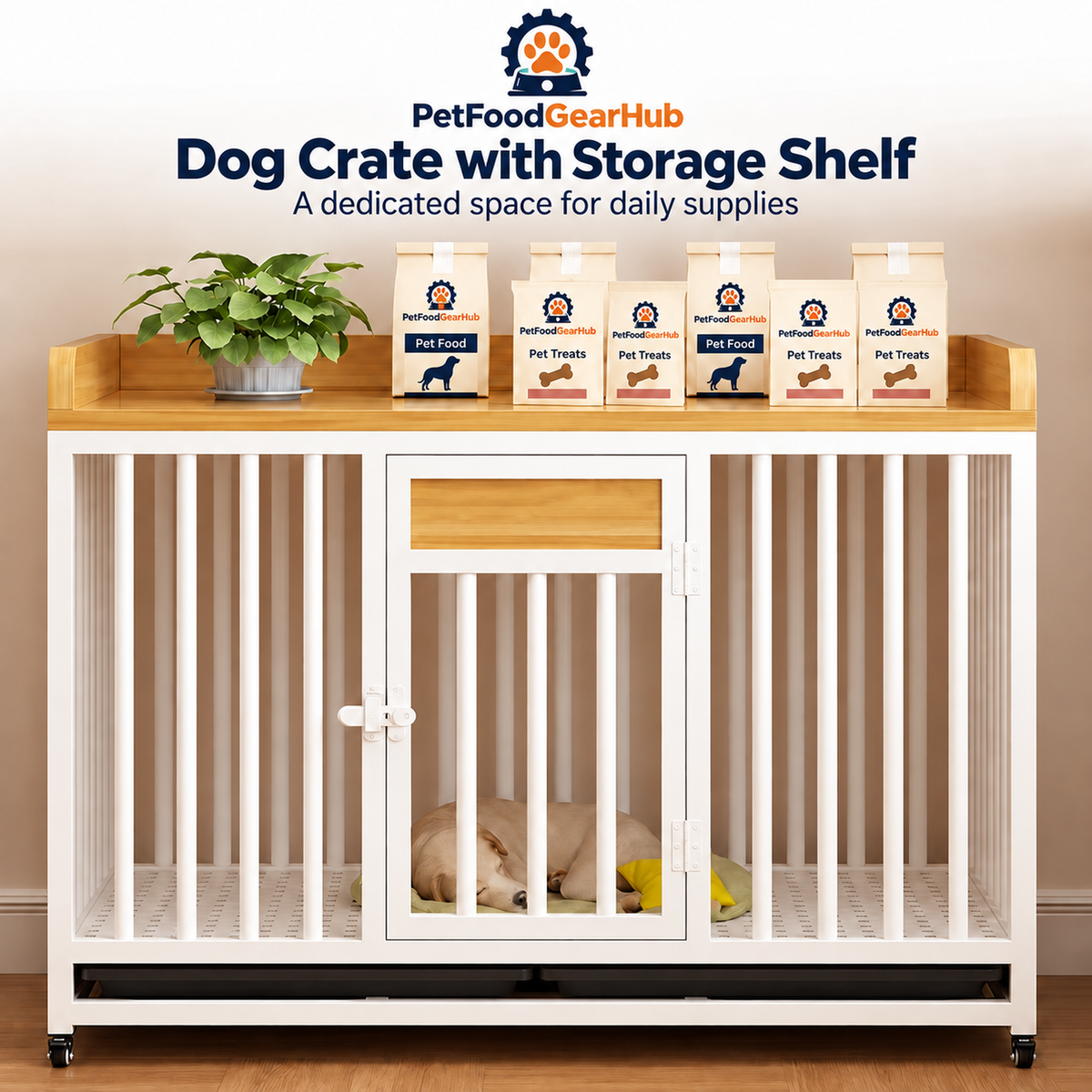 PetFoodGearHub Dog Crate with Storage Shelf,  White - design and dimension details