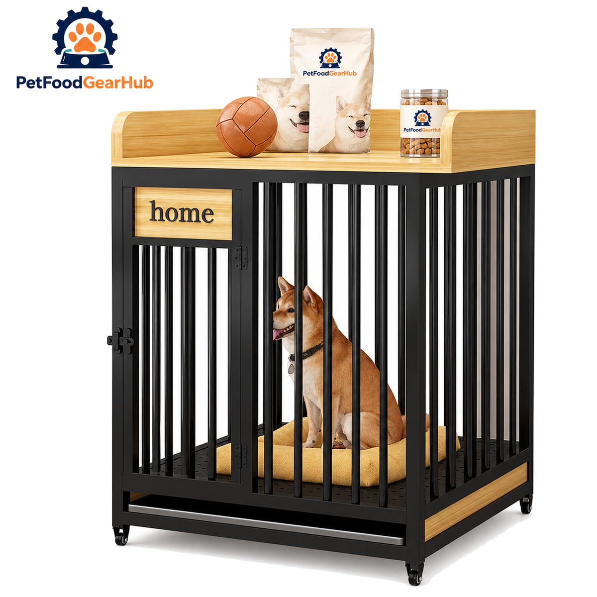PetFoodGearHub Dog Crate with Storage Shelf,  Black - product view