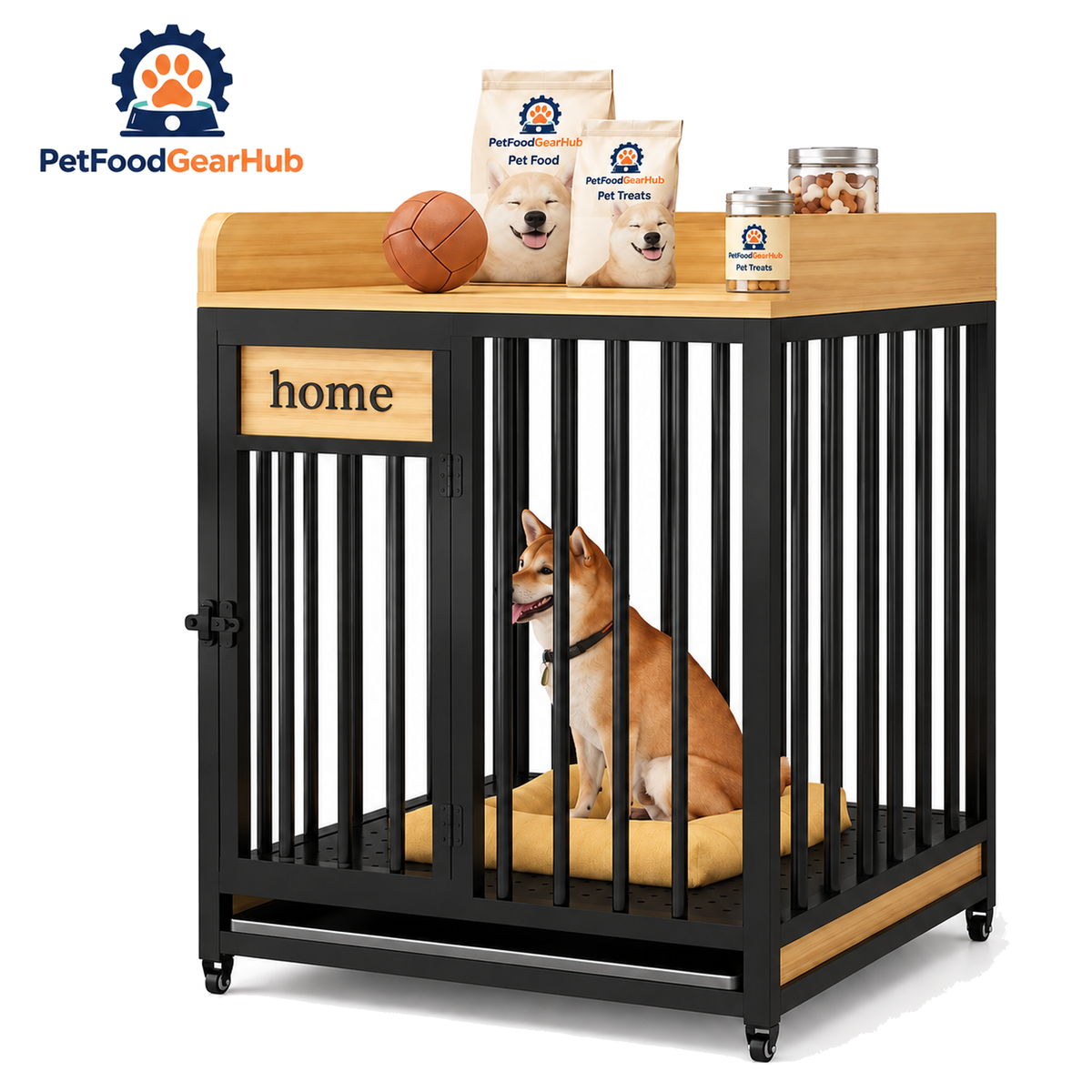 PetFoodGearHub Dog Crate with Storage Shelf,  Black - product view