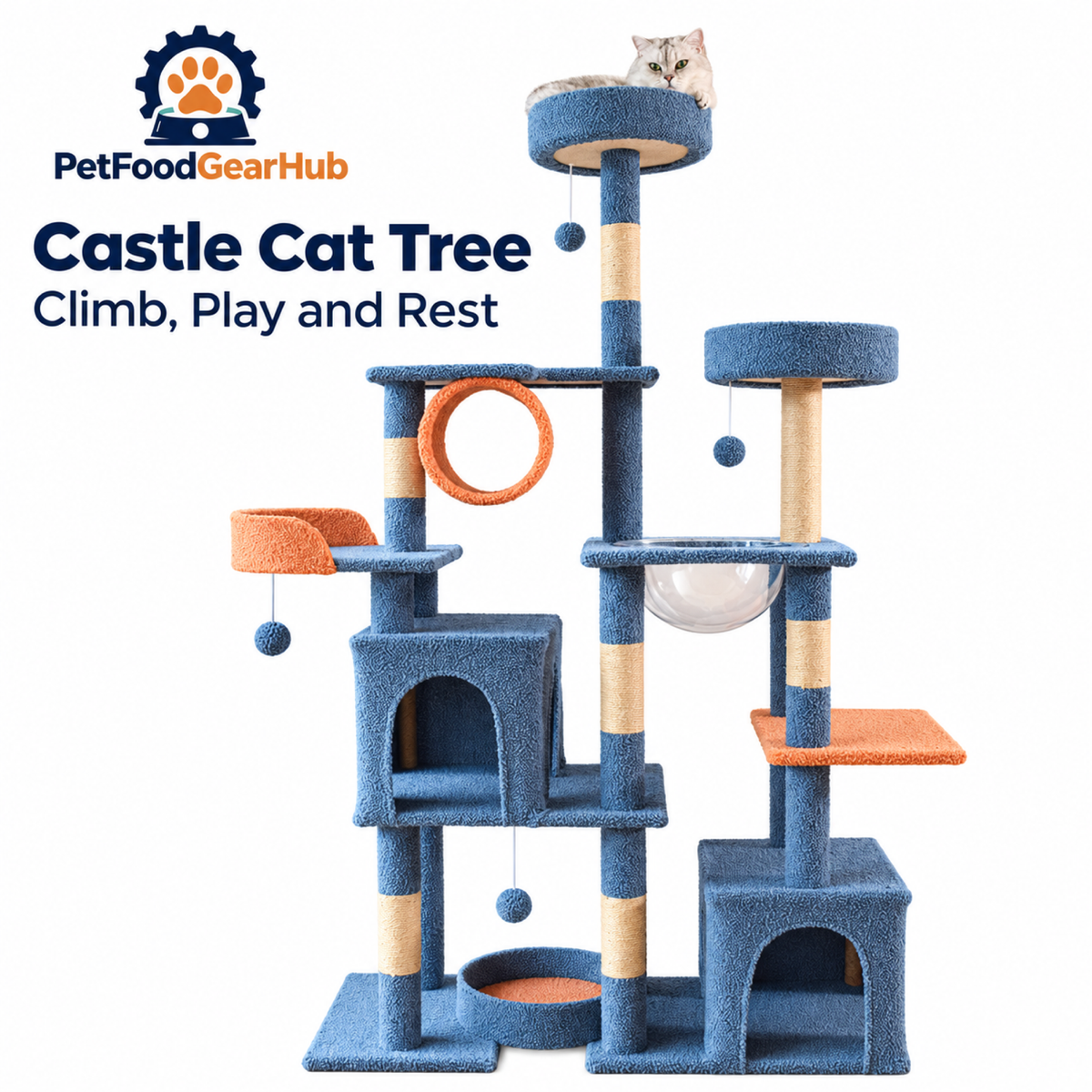 PetFoodGearHub Tall Castle Cat Tree with Condos and Clear Bowl - product view