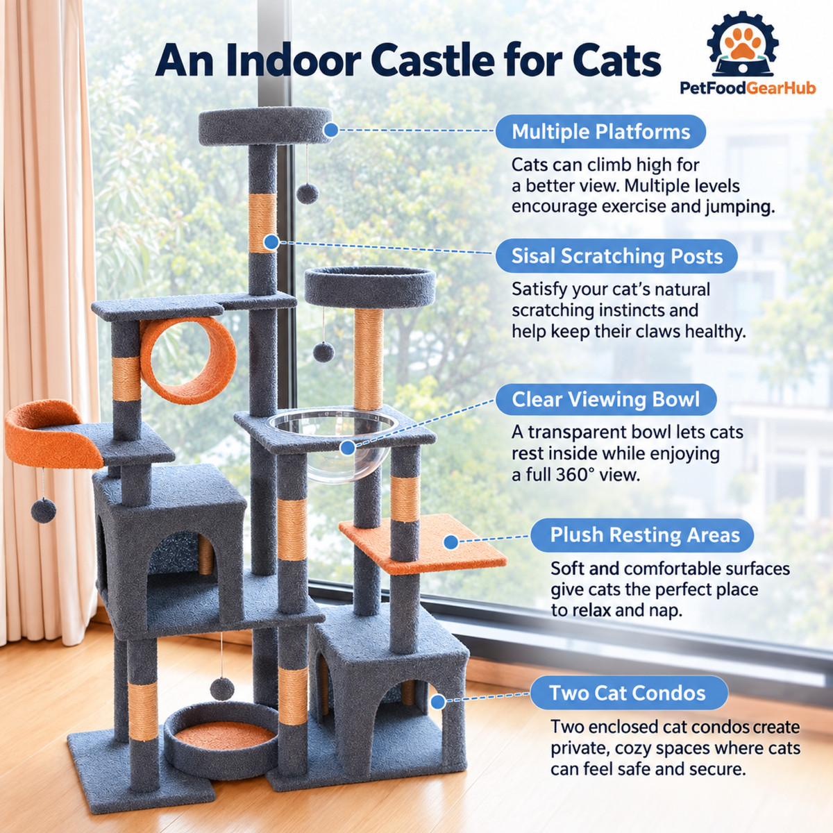 PetFoodGearHub Tall Castle Cat Tree with Condos and Clear Bowl - product details
