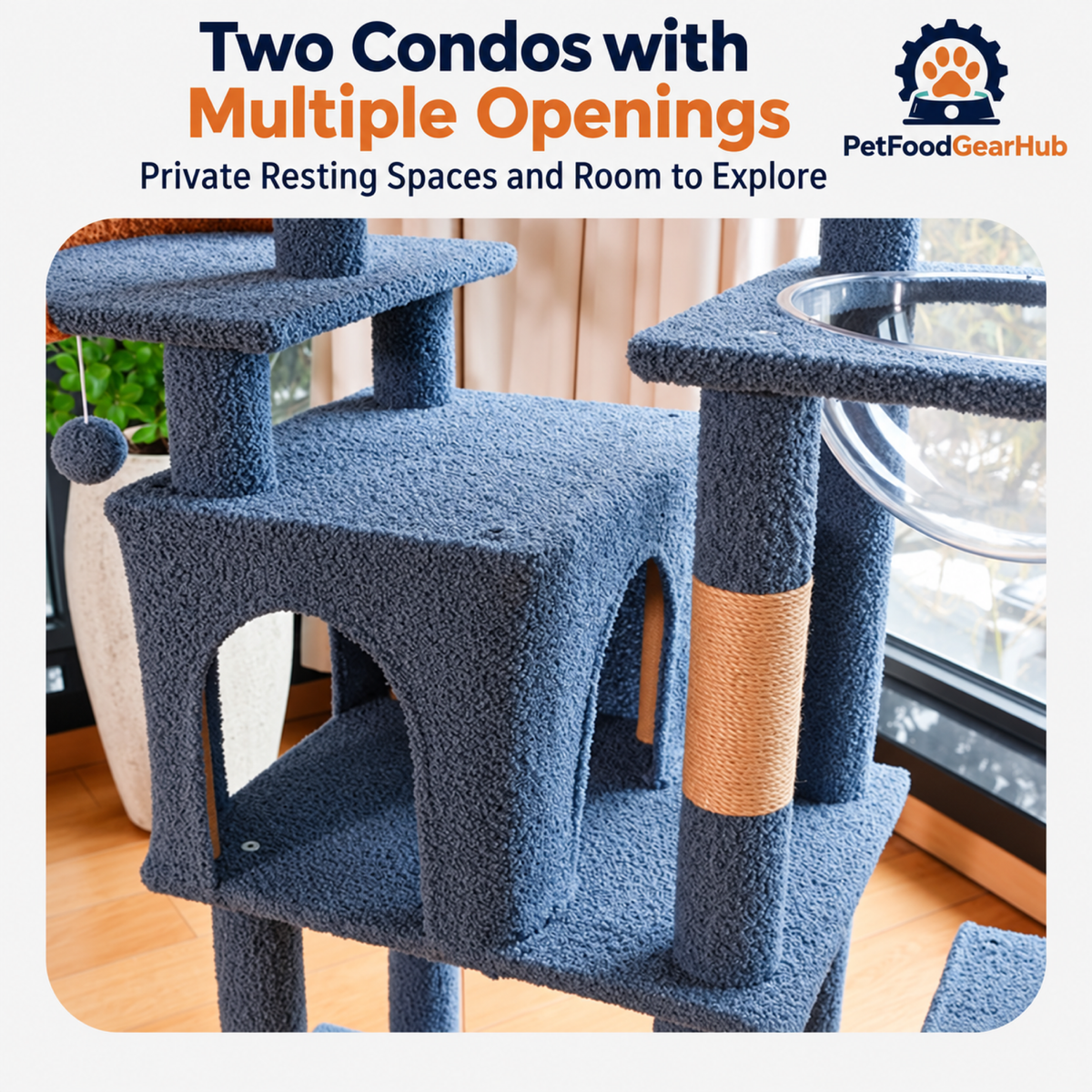 PetFoodGearHub Tall Castle Cat Tree with Condos and Clear Bowl - product details