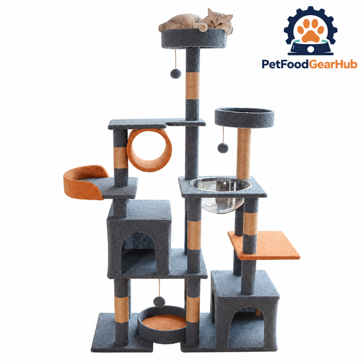PetFoodGearHub Tall Castle Cat Tree with Condos and Clear Bowl - product details