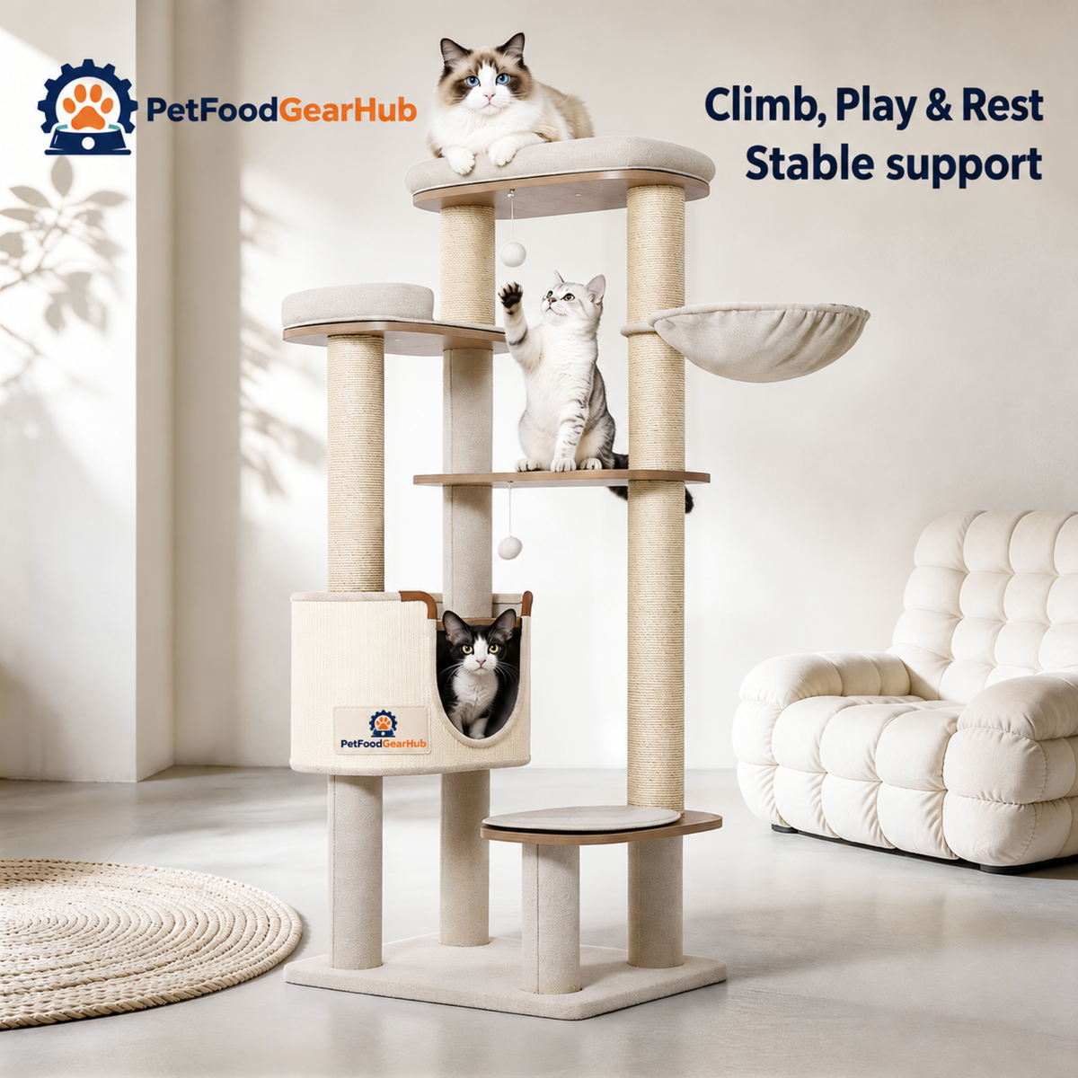 PetFoodGearHub Tall Cat Tree with Condo and Resting Perches - product details