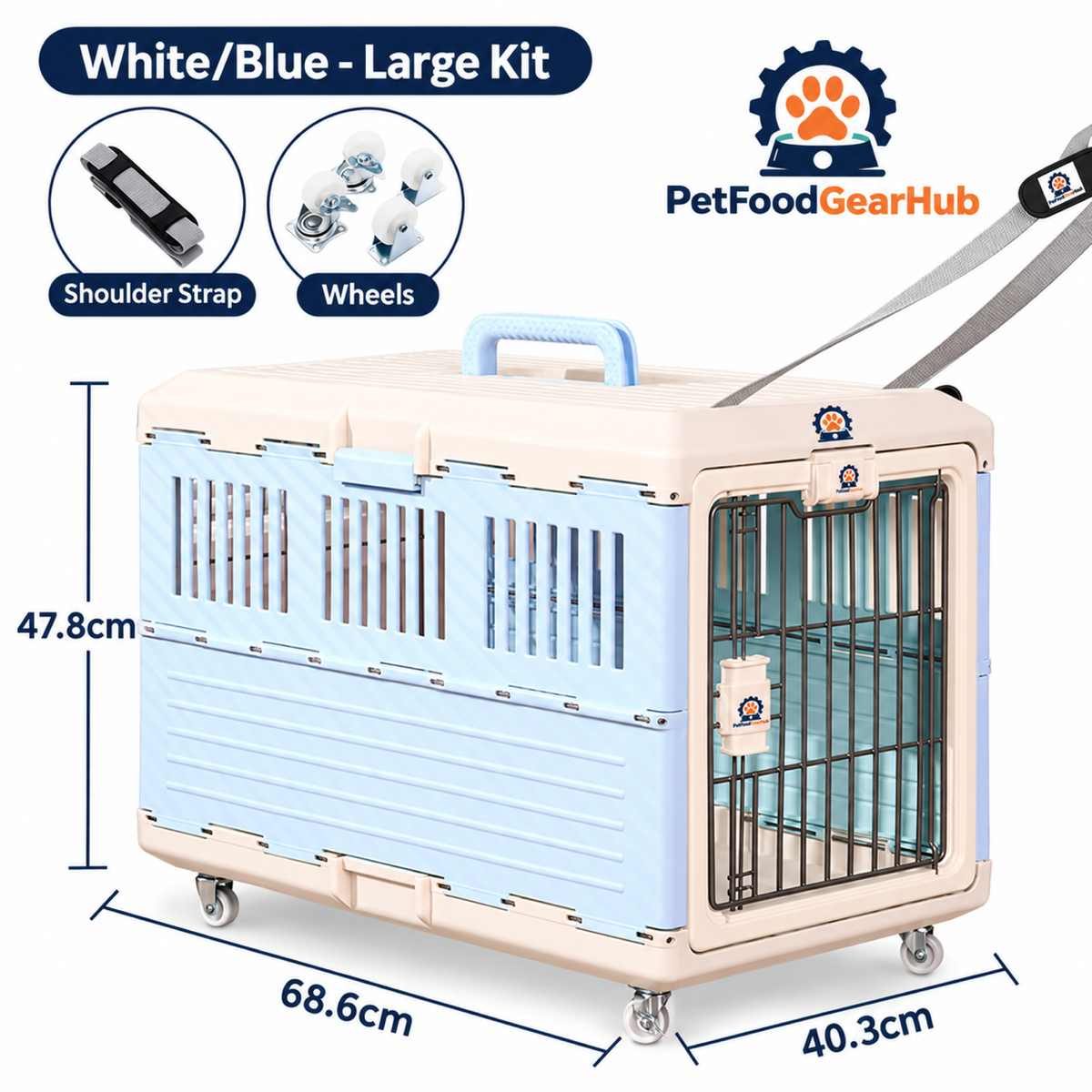 PetFoodGearHub White/Blue Folding Pet Carrier - Large Wheel & Strap Set - product view